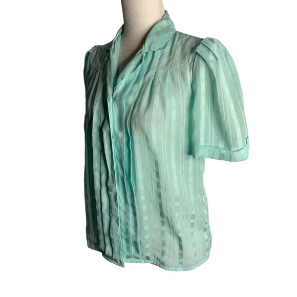 Vintage Button Up Pleated Blouse 6 Blue Striped Slightly Sheer Short Sleeve - Picture 3 of 6